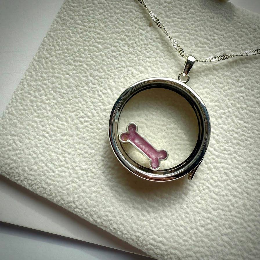 Round glass and .925 Silver locket & Bone Charm