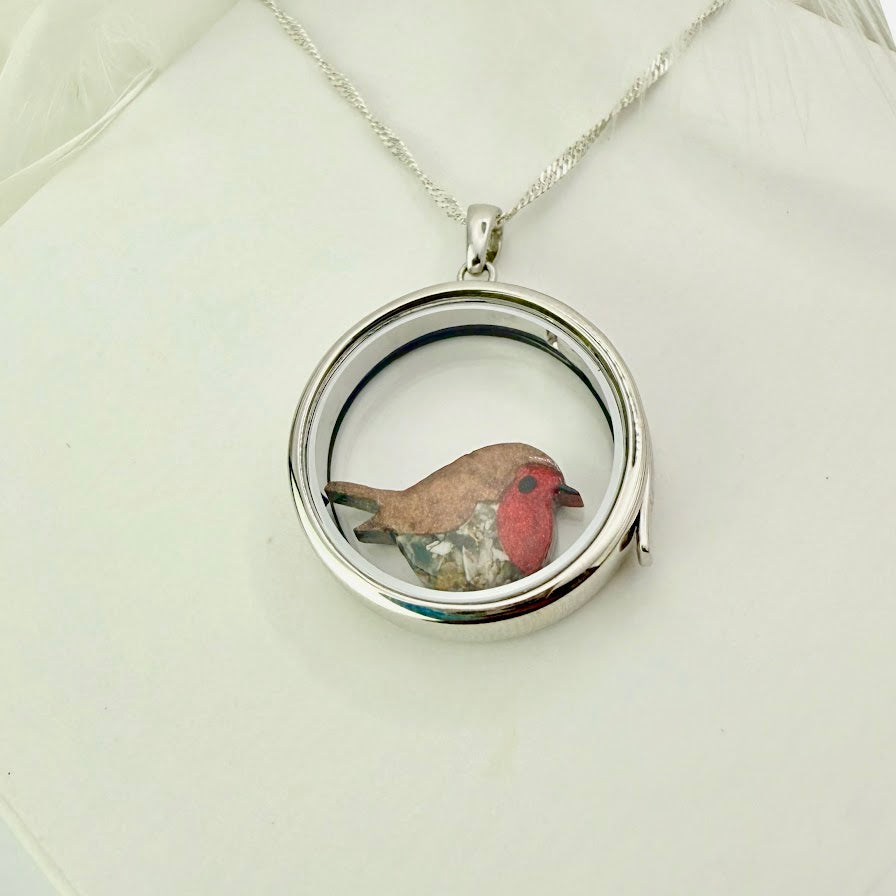 Round glass and .925 Silver locket & Robin Charm