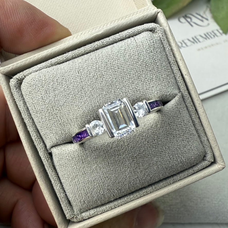 .925 Sterling Silver Emerald Cut Solitaire Memorial Ring