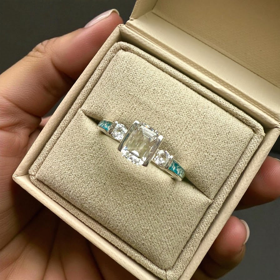 .925 Sterling Silver Emerald Cut Solitaire Memorial Ring