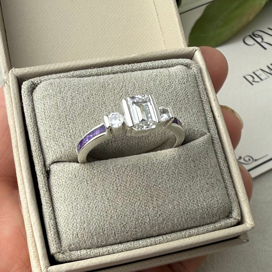 .925 Sterling Silver Emerald Cut Solitaire Memorial Ring