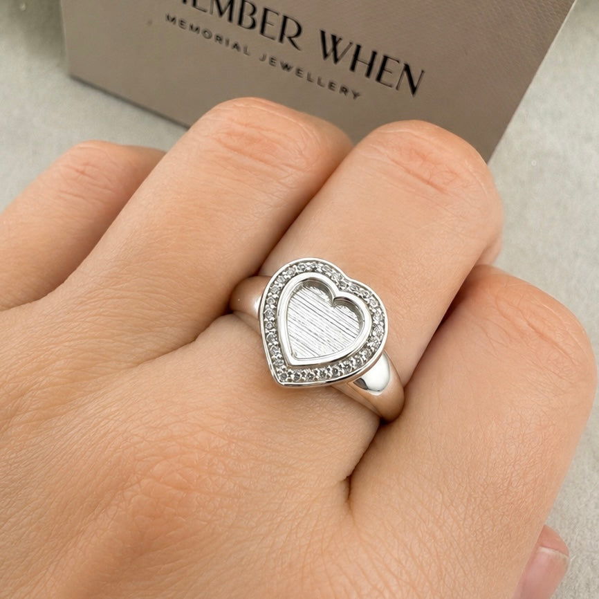 Sterling Silver Crystal Heart Signet Memorial Ring