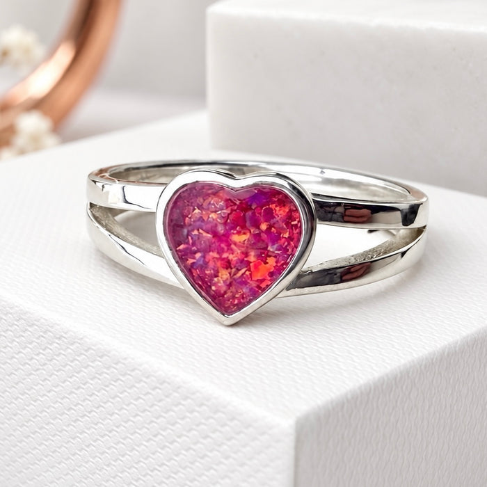 Sterling Silver Double Band Heart Memorial Ring - Size Q Only