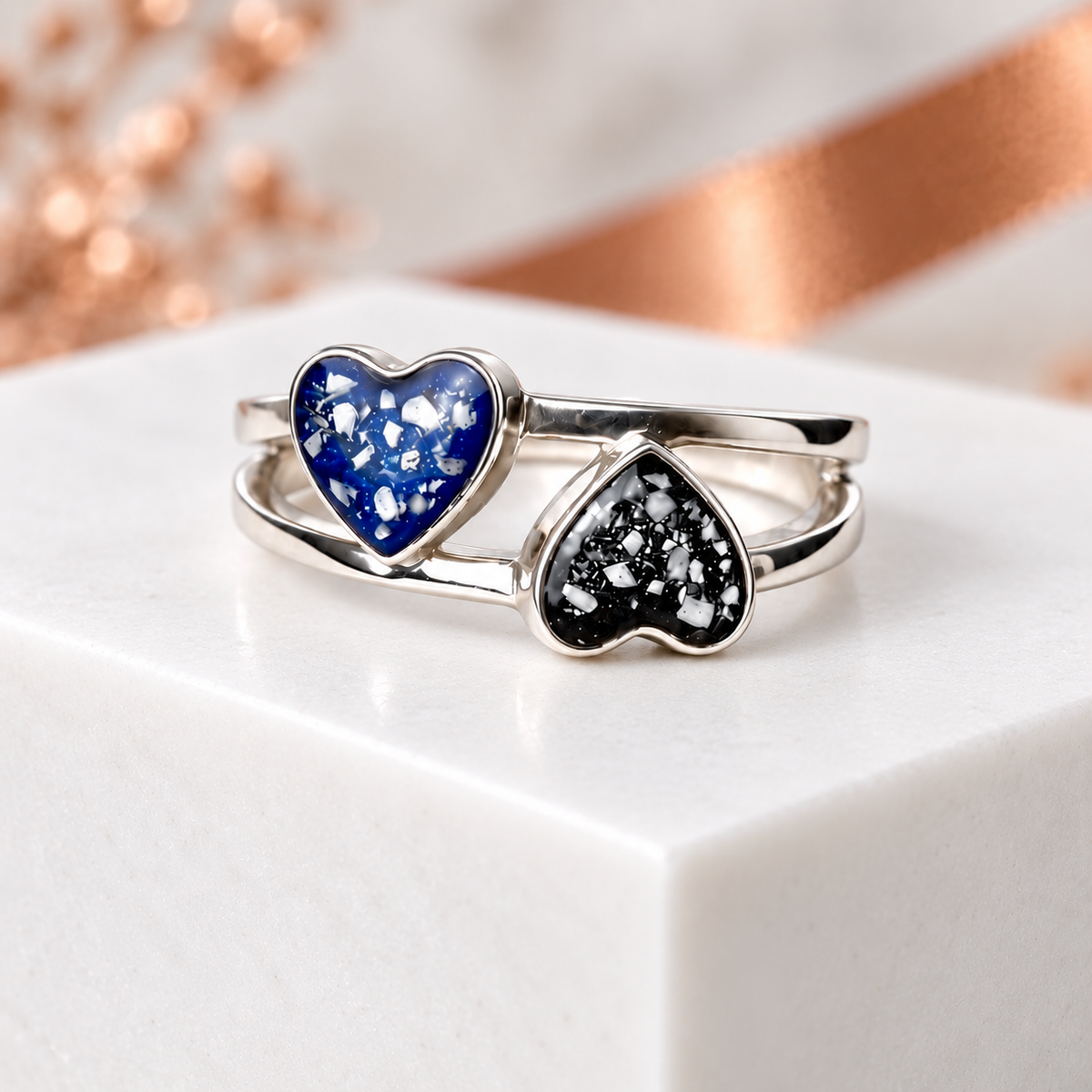 Sterling Silver Double Heart Memorial Ring - Size Q Only