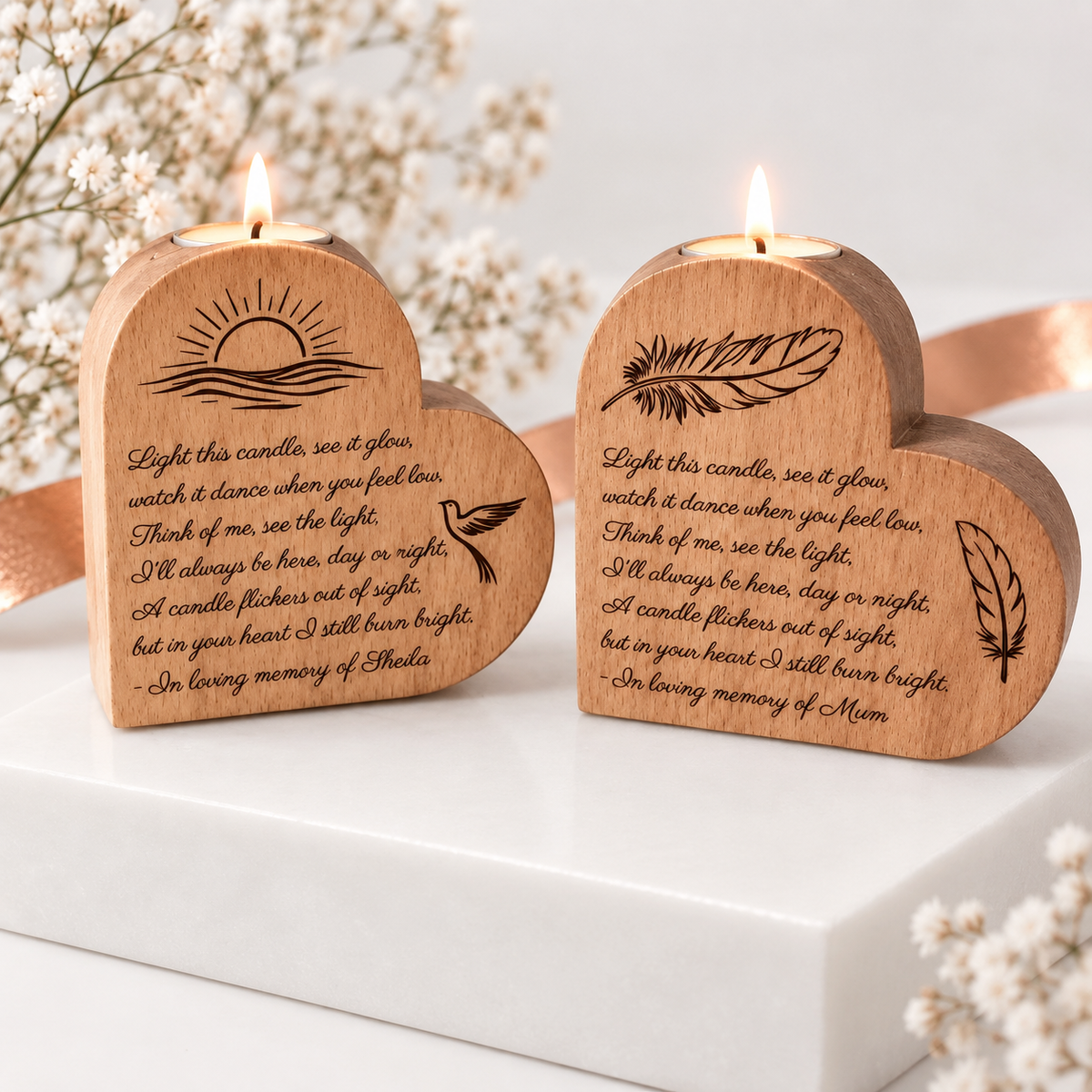 Engraved Wooden Heart Memorial Candle