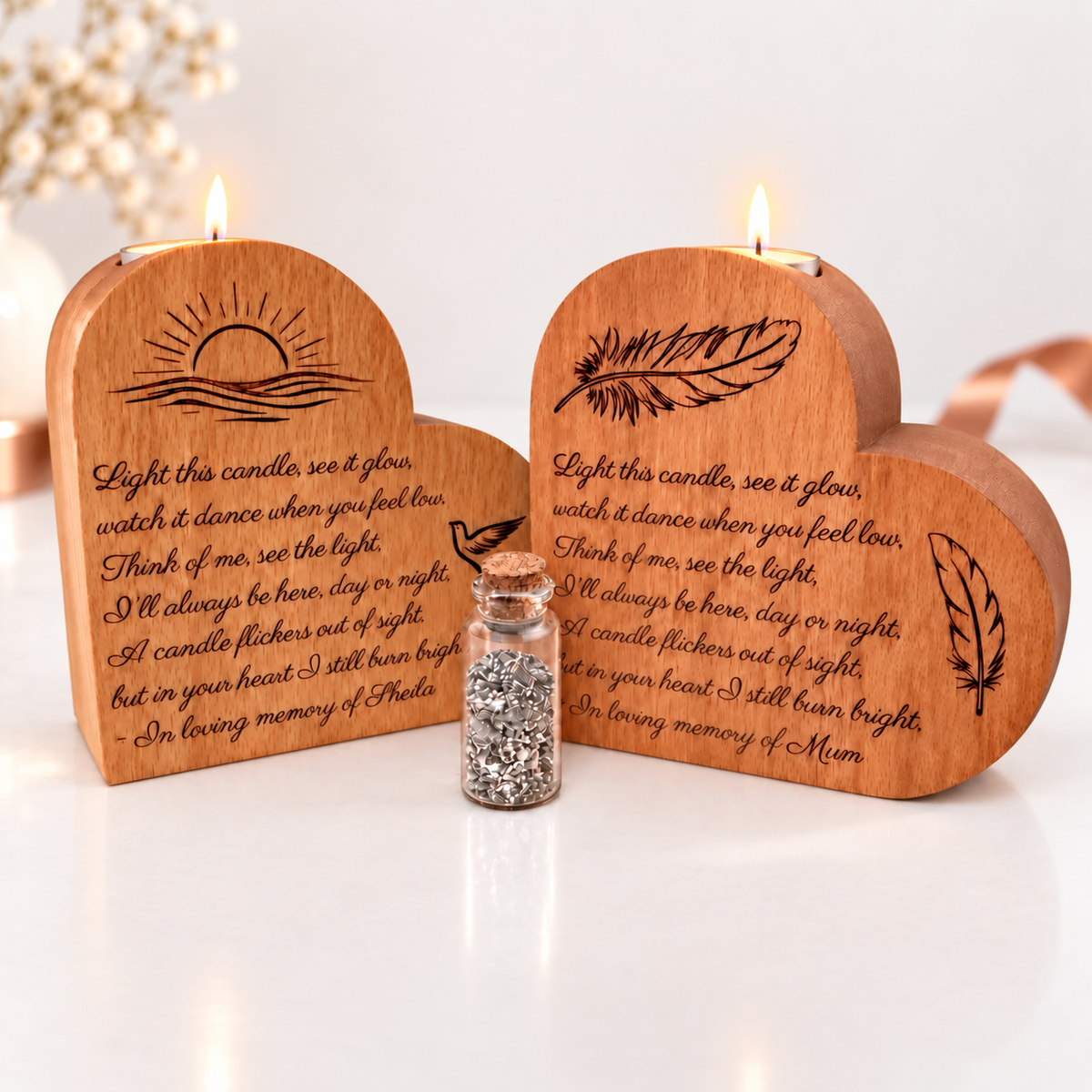 Engraved Wooden Heart Ashes Urn Candle
