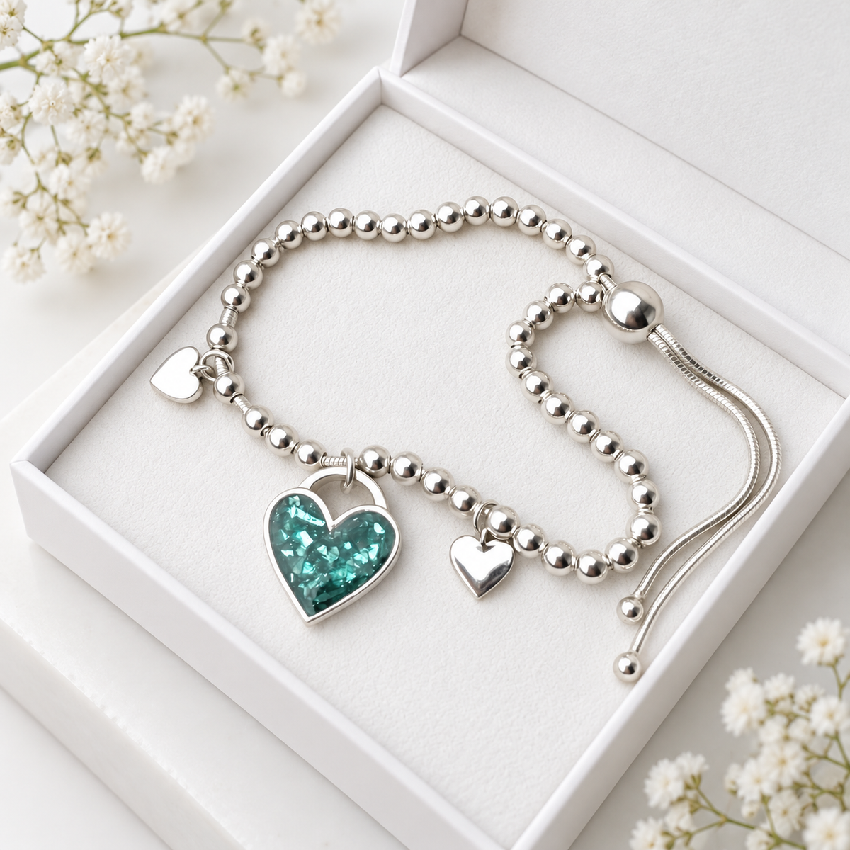 Sterling Silver Beaded Heart Adjustable Bracelet