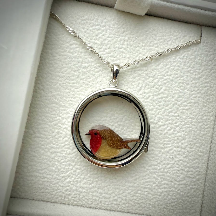 Round glass and .925 Silver locket  & Robin Charm