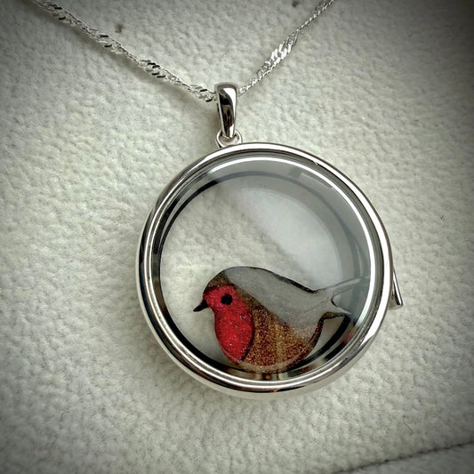 Sterling Silver Round Floating Robin Memorial Locket