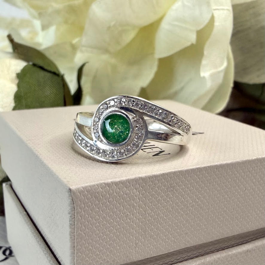 Sterling Silver Crystal Round Embrace Memorial Ring