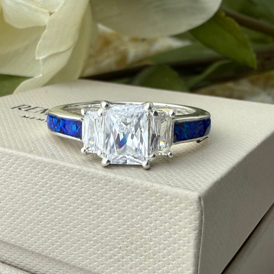 Sterling Silver Triple Emerald Cut Solitaire Memorial Ring