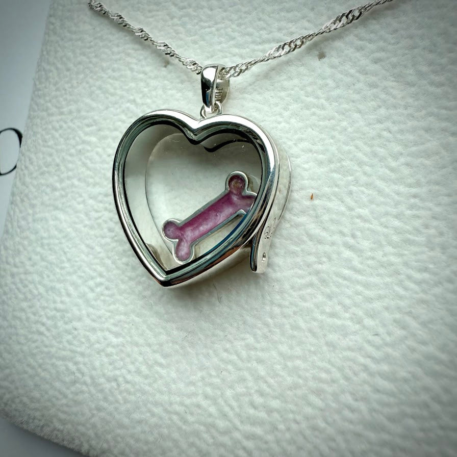 LRG Heart glass and .925 Silver locket  & Bone Charm