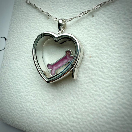 LRG Heart glass and .925 Silver locket  & Bone Charm