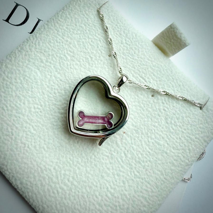 LRG Heart glass and .925 Silver locket  & Bone Charm