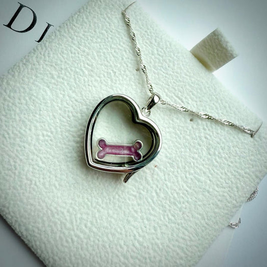 LRG Heart glass and .925 Silver locket  & Bone Charm