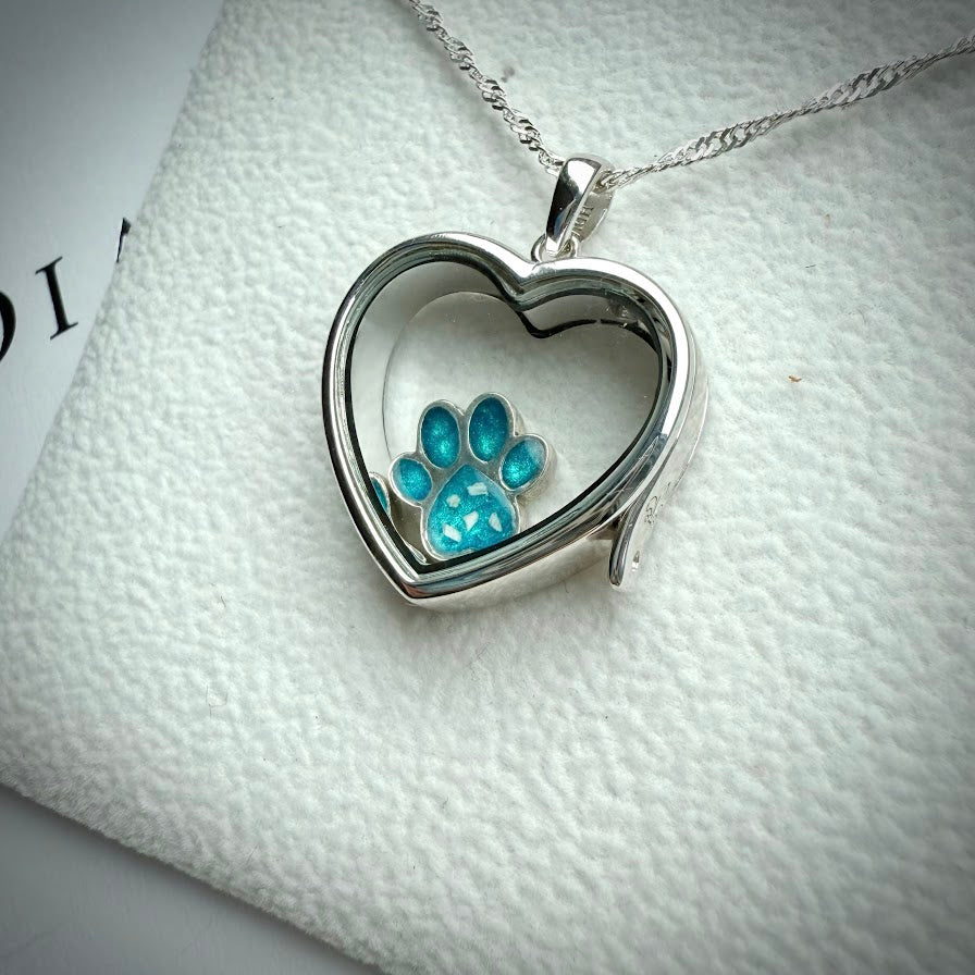 LRG Heart glass and .925 Silver locket  & Paw Charm