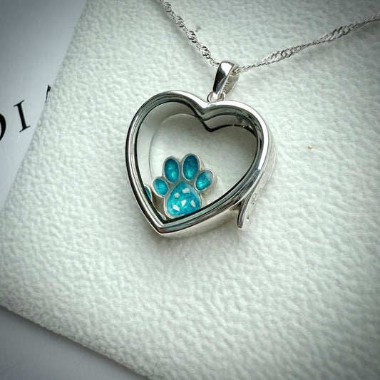 LRG Heart glass and .925 Silver locket  & Paw Charm