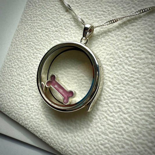 Round glass and .925 Silver locket  & Bone Charm