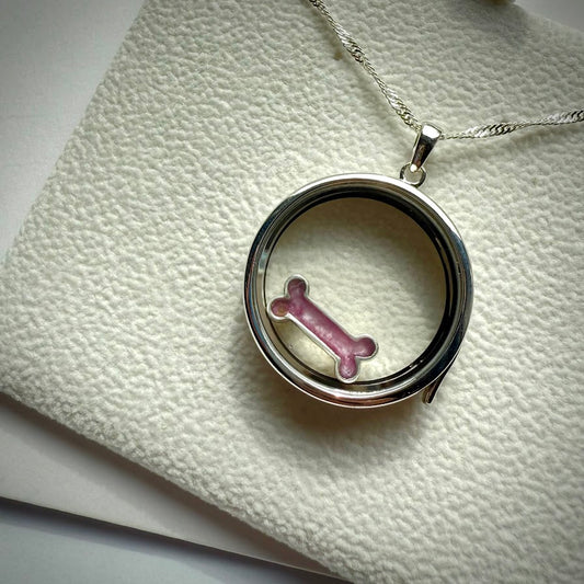Round glass and .925 Silver locket  & Bone Charm