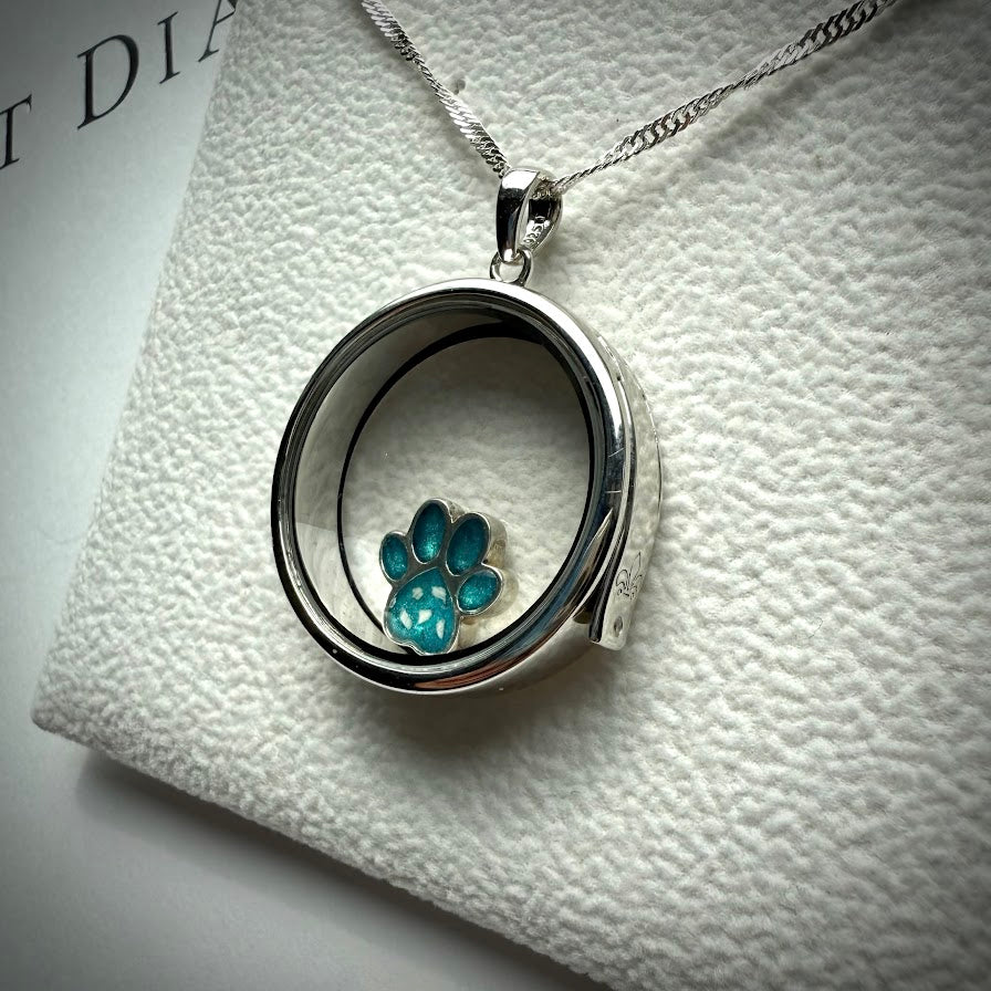 Round glass and .925 Silver locket  & Paw Charm