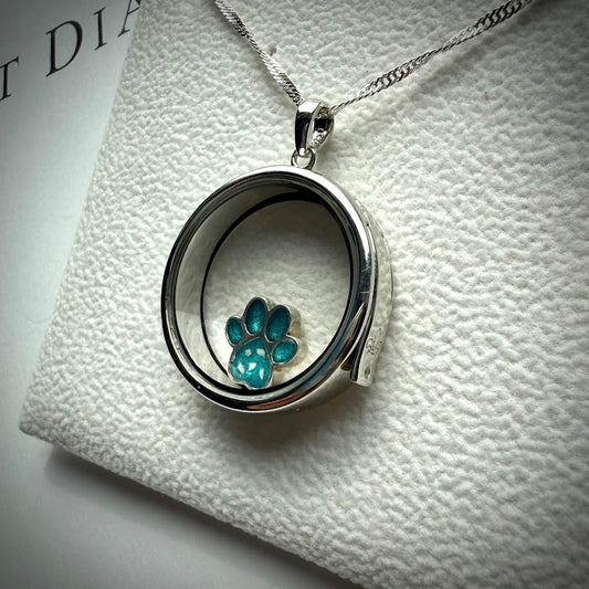 Round glass and .925 Silver locket  & Paw Charm