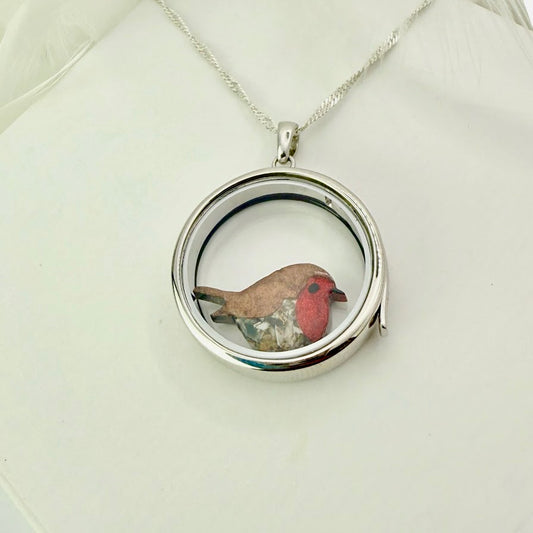 Round glass and .925 Silver locket  & Robin Charm