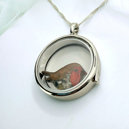 Round glass and .925 Silver locket  & Robin Charm