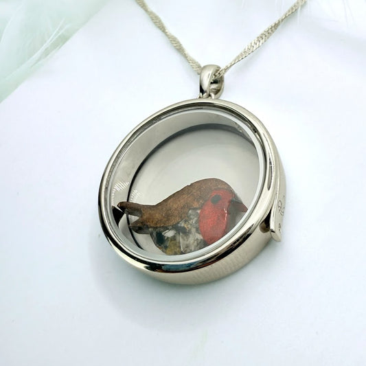 Round glass and .925 Silver locket  & Robin Charm