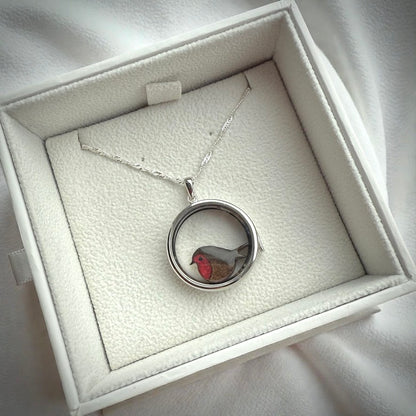Round glass and .925 Silver locket  & Robin Charm